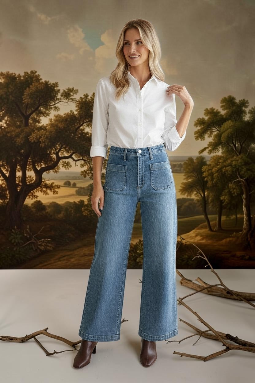 graced wide leg denim jeans with front patch pockets worn by a model in a white button-down shirt