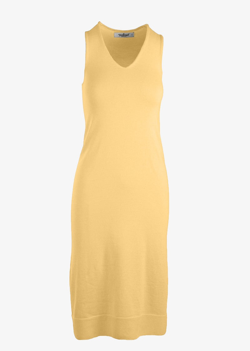 graced yellow 100% cotton sleeveless V-neck midi dress with 1x1 links hem detail