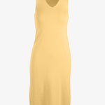graced yellow 100% cotton sleeveless V-neck midi dress with 1x1 links hem detail