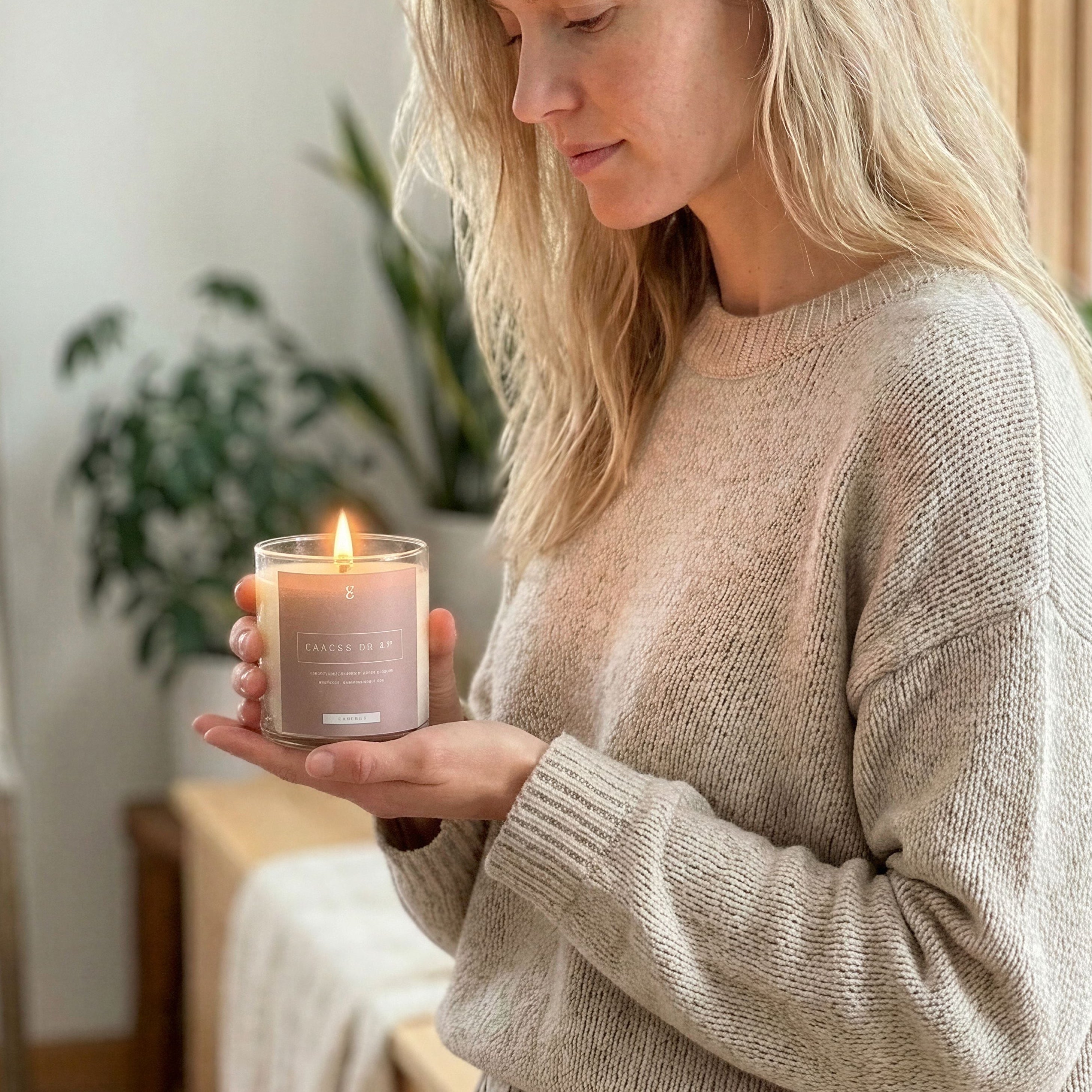 Woman holding a lit candle in a cozy indoor setting