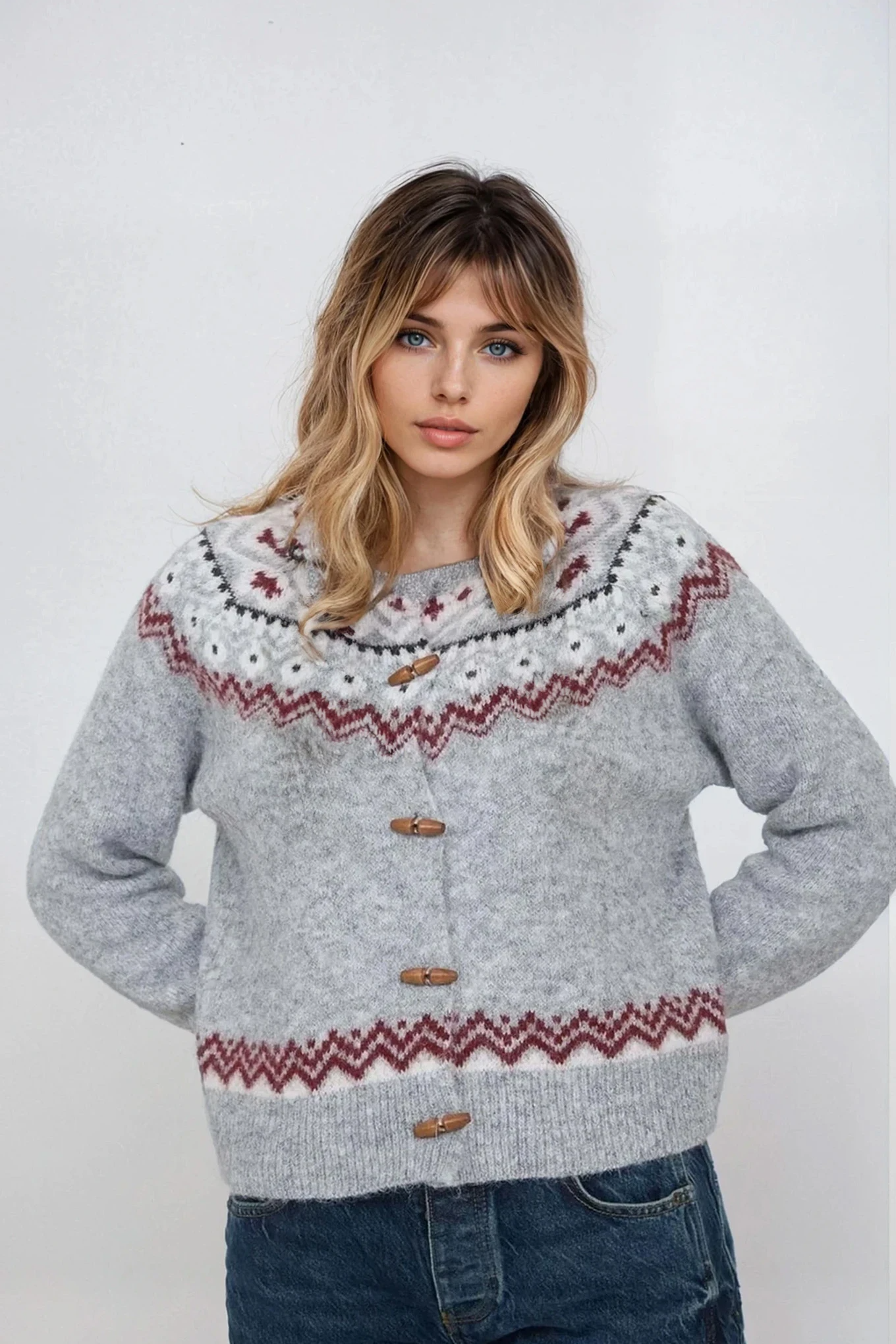 Faire Isle Toggle Button Knit Cardigan Grey Multi