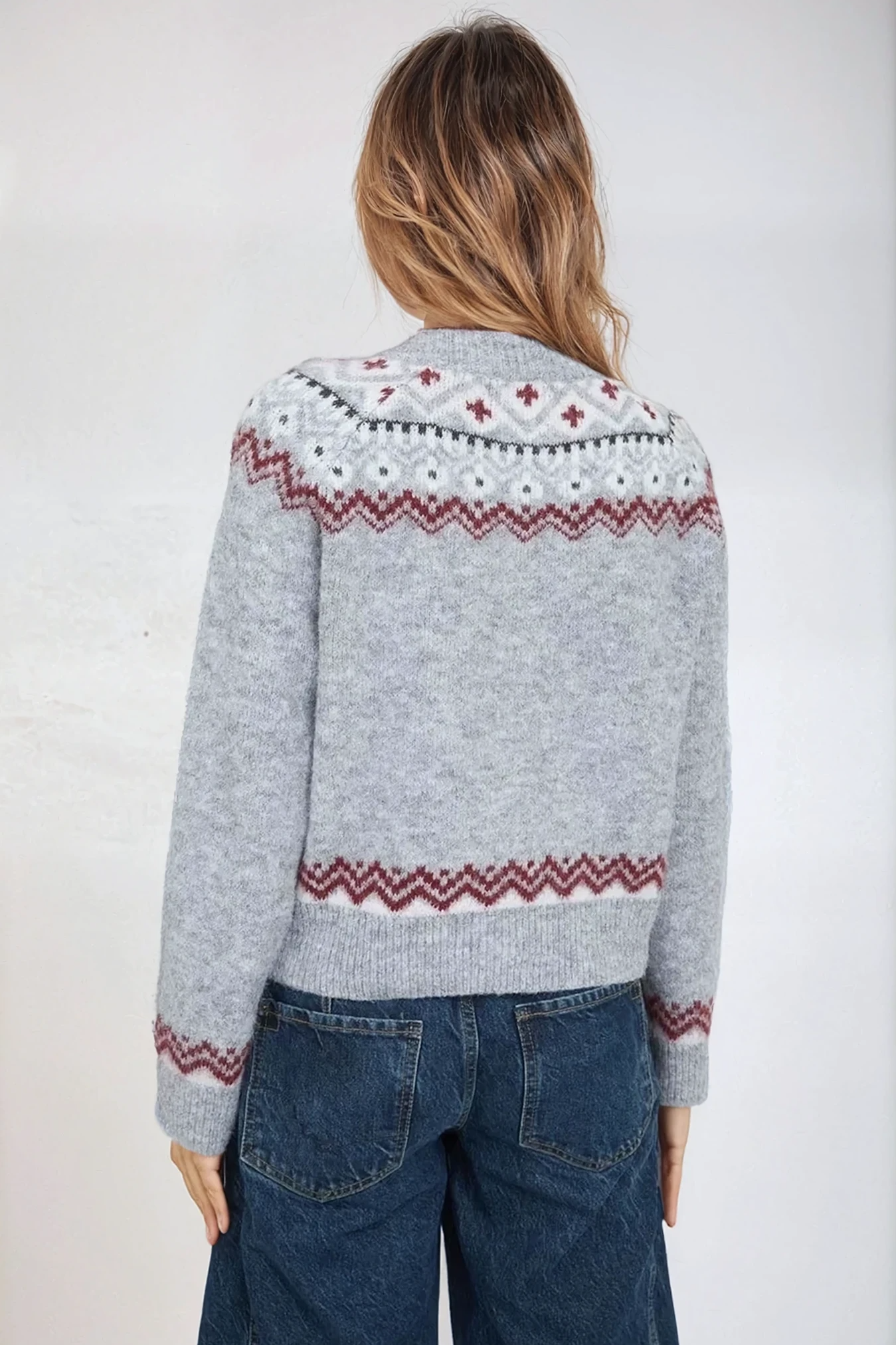 Faire Isle Toggle Button Knit Cardigan Grey Multi