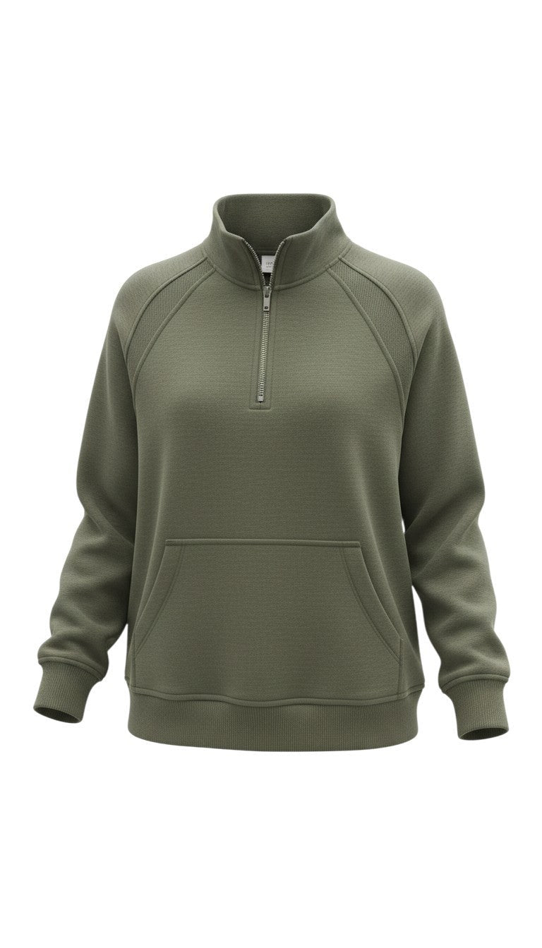graced olive green half zip mock neck pullover with ribbed cuffs and a front kangaroo pocket