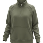 graced olive green half zip mock neck pullover with ribbed cuffs and a front kangaroo pocket