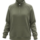 graced olive green half zip mock neck pullover with ribbed cuffs and a front kangaroo pocket