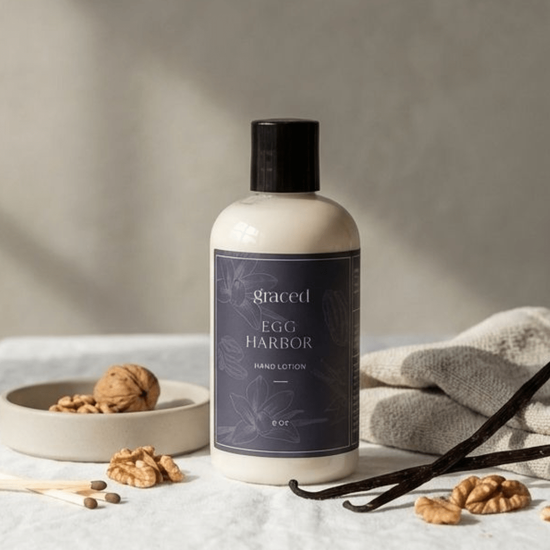 Graced Egg Harbor hand lotion from bath and body collection, mini size, moisturizing cream for soft, smooth hands.