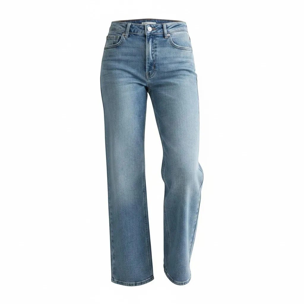 Medium wash JBD high-rise full-length straight jeans, shown on a model, featuring classic denim style and a relaxed fit.
