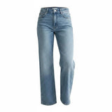Medium wash JBD high-rise full-length straight jeans, shown on a model, featuring classic denim style and a relaxed fit.
