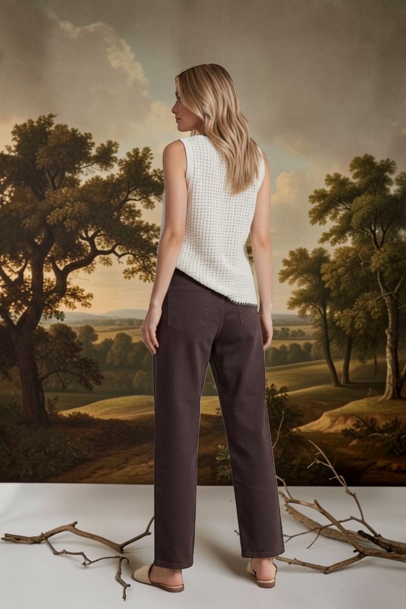 Brown Miou Muse high-rise straight jeans, stylish bottoms with a classic fit, shown on a model.