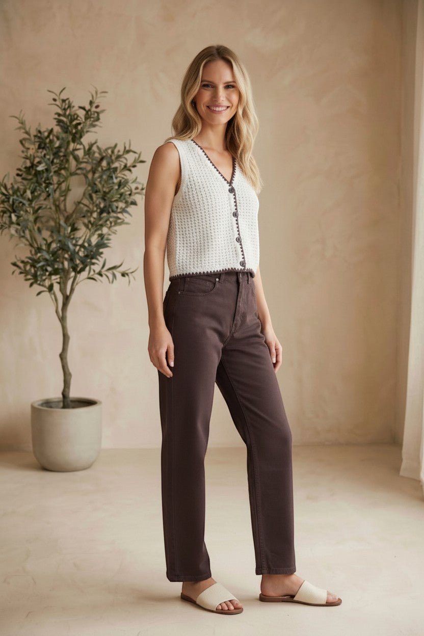 Brown Miou Muse high-rise straight jeans, casual bottoms pants with a classic fit and clean silhouette.