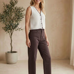 Brown Miou Muse high-rise straight jeans, casual bottoms pants with a classic fit and clean silhouette.