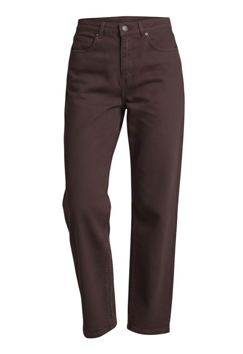 Brown high-rise straight jeans by Miou Muse, shown from the front with a fitted waistband and classic straight leg style.