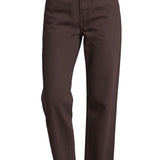 Brown high-rise straight jeans by Miou Muse, shown from the front with a fitted waistband and classic straight leg style.
