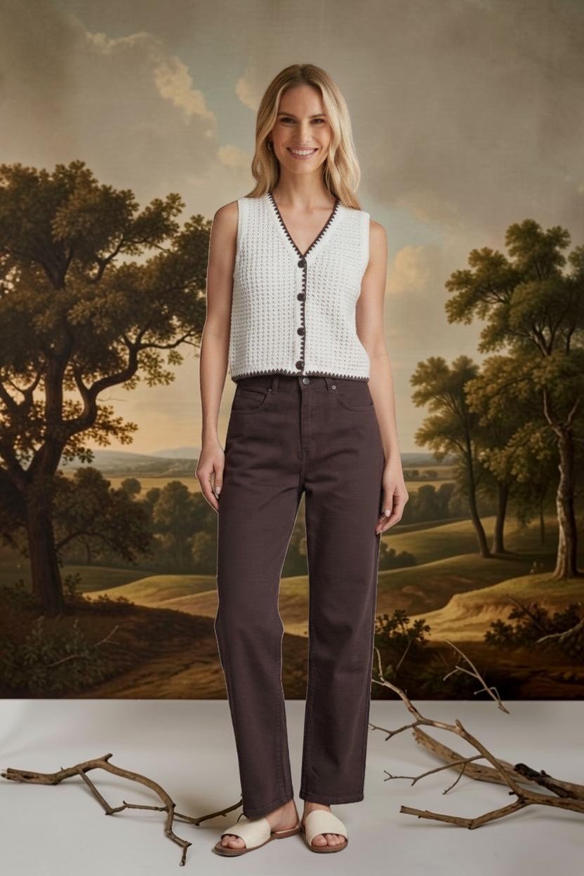 Brown high rise straight jeans by Miou Muse, showcasing a stylish fit and classic denim design.