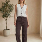 Brown high rise straight jeans by Miou Muse, showcasing a stylish fit and classic denim design.