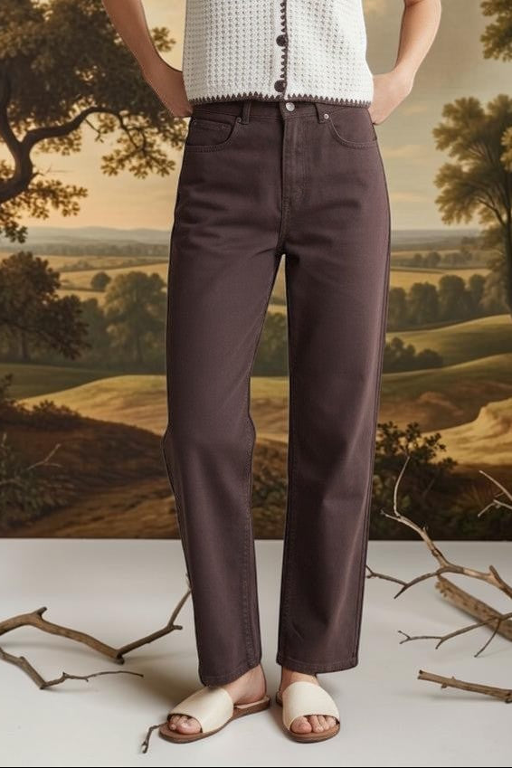 Brown high rise straight jeans from Miou Muse, showcasing the fit and style of these trendy denim bottoms.