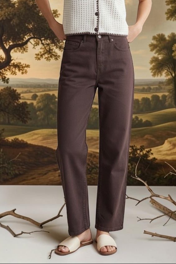Brown high rise straight jeans from Miou Muse, showcasing the fit and style of these trendy denim bottoms.