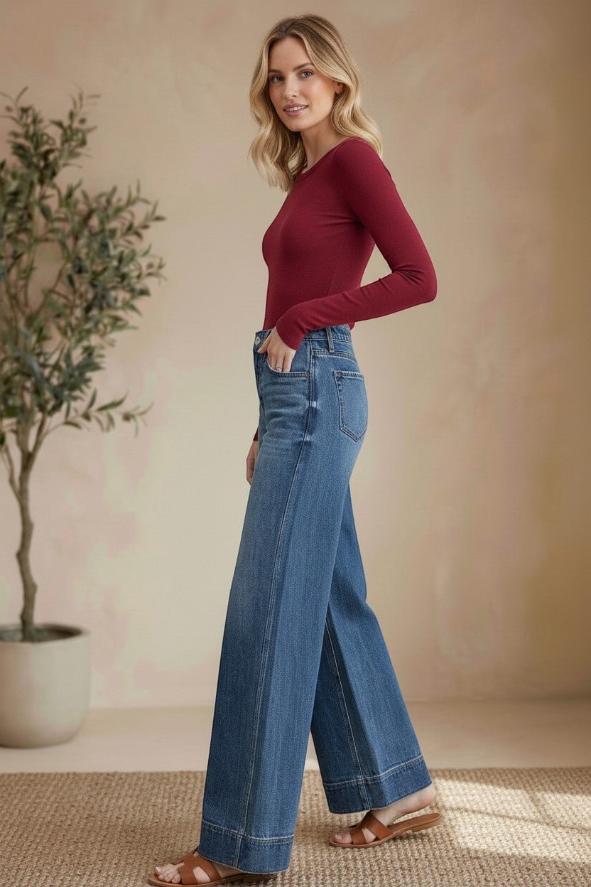 Vervet high rise wide-leg jeans, stylish bottoms pants with a relaxed fit and classic denim look, showcased on a model.