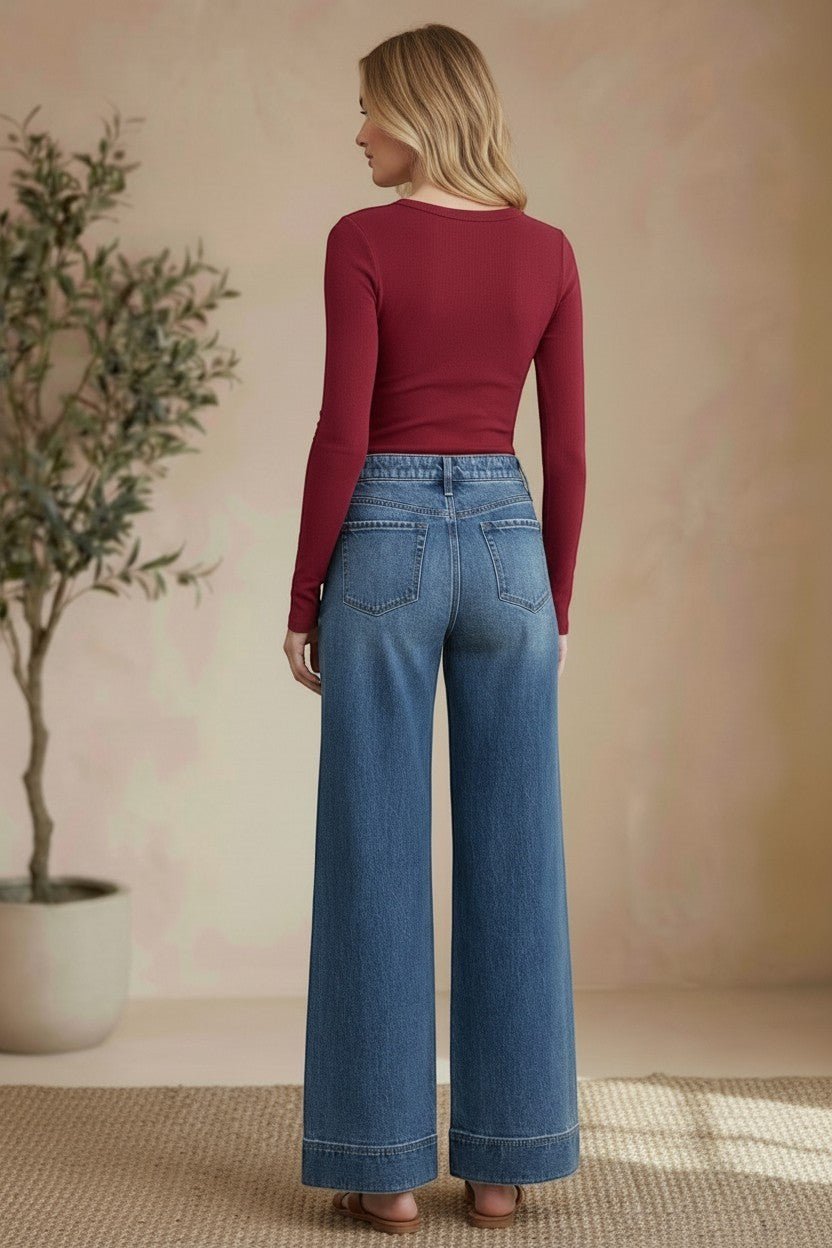 Vervet high-rise wide-leg jeans featuring a classic denim look, fitted waist, and flowing pant legs for a stylish, comfortable fit.