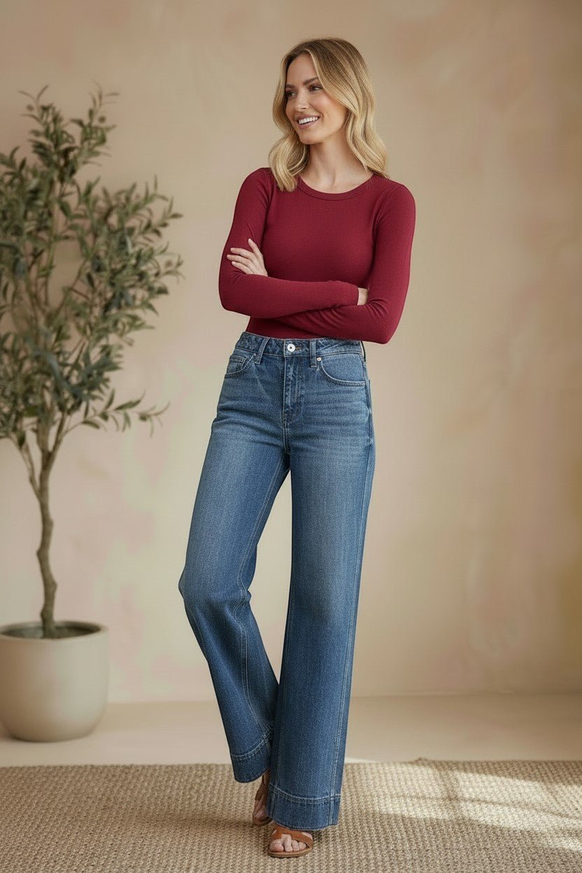 Vervet high-rise wide-leg jeans, stylish bottoms with a relaxed fit, showcasing the denim fabric and modern design.