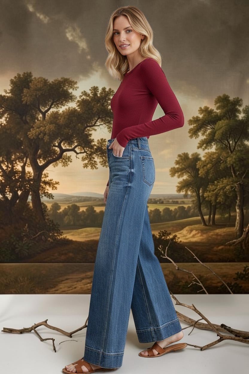 Vervet high rise wide-leg jeans, stylish bottoms pants with a relaxed fit and classic denim look, showcased on a model.