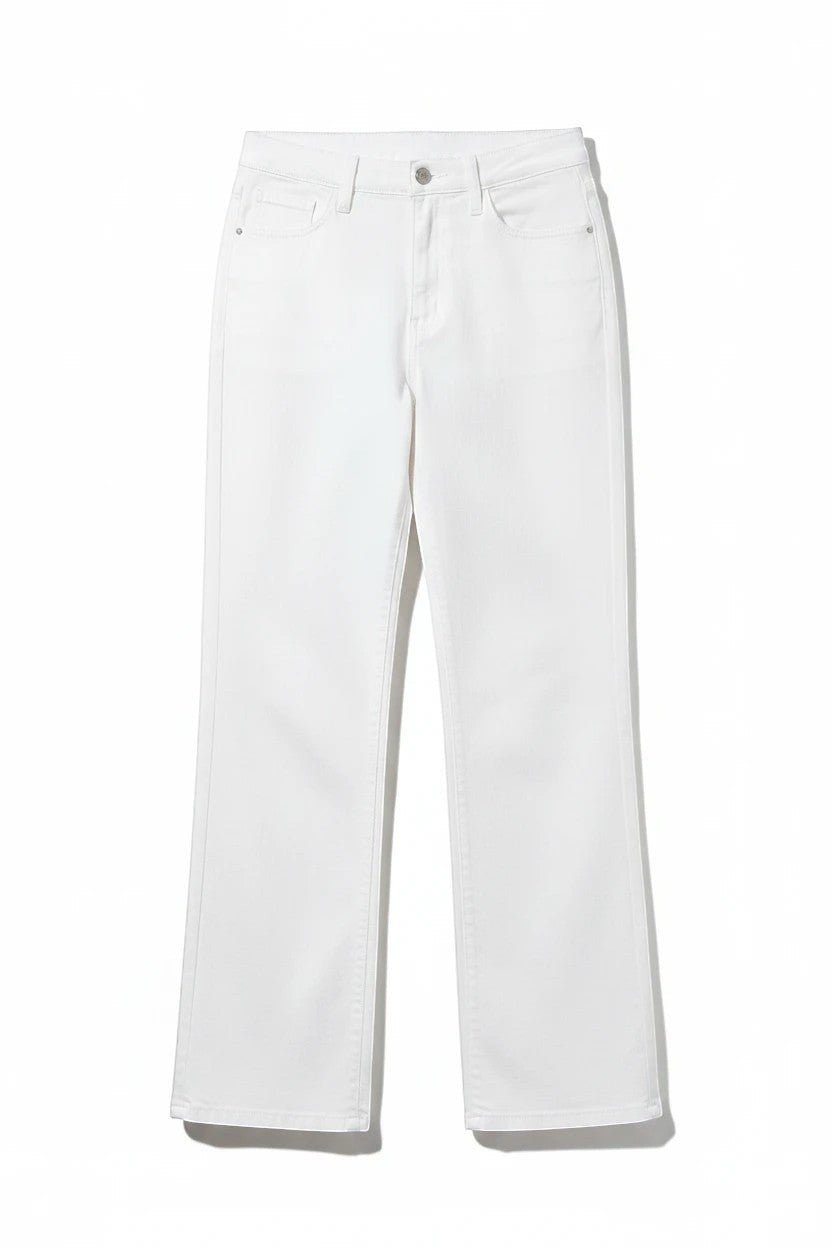White high-rise wide-leg jeans from Vervet, shown laid flat to highlight the relaxed fit and clean denim fabric.
