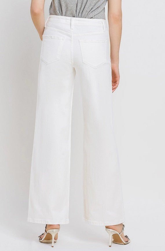 Vervet high-rise wide-leg white jeans, casual bottoms with a relaxed fit and clean design, displayed on a hanger.