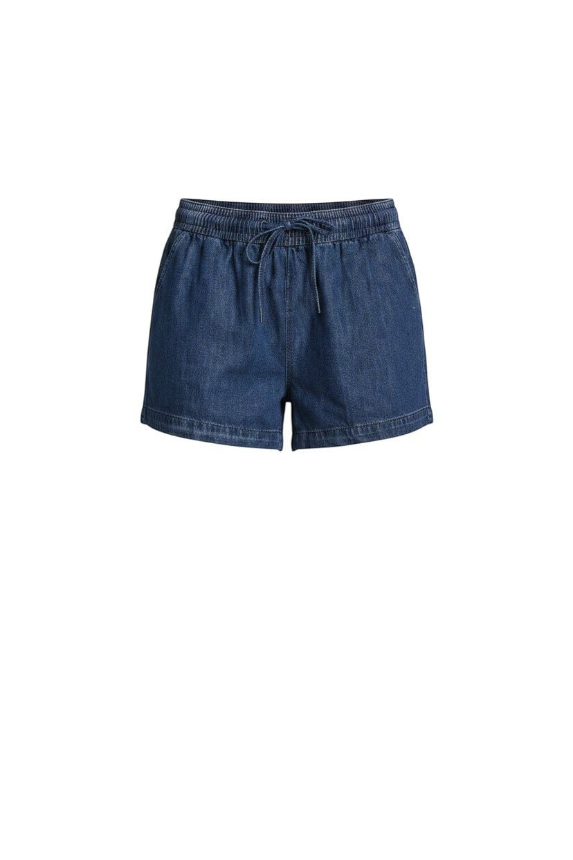 Indigo high-waisted tie shorts by Skies Are Blue, featuring a relaxed fit and adjustable waist tie, designed for casual wear.