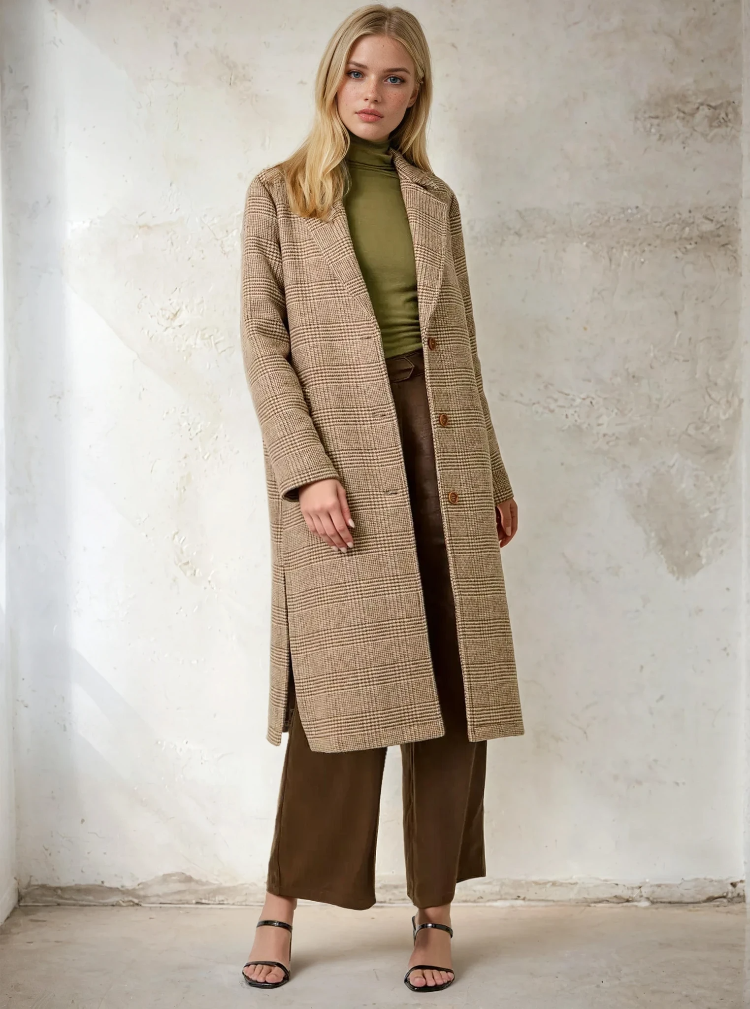 Houndstooth Plaid Long Coat