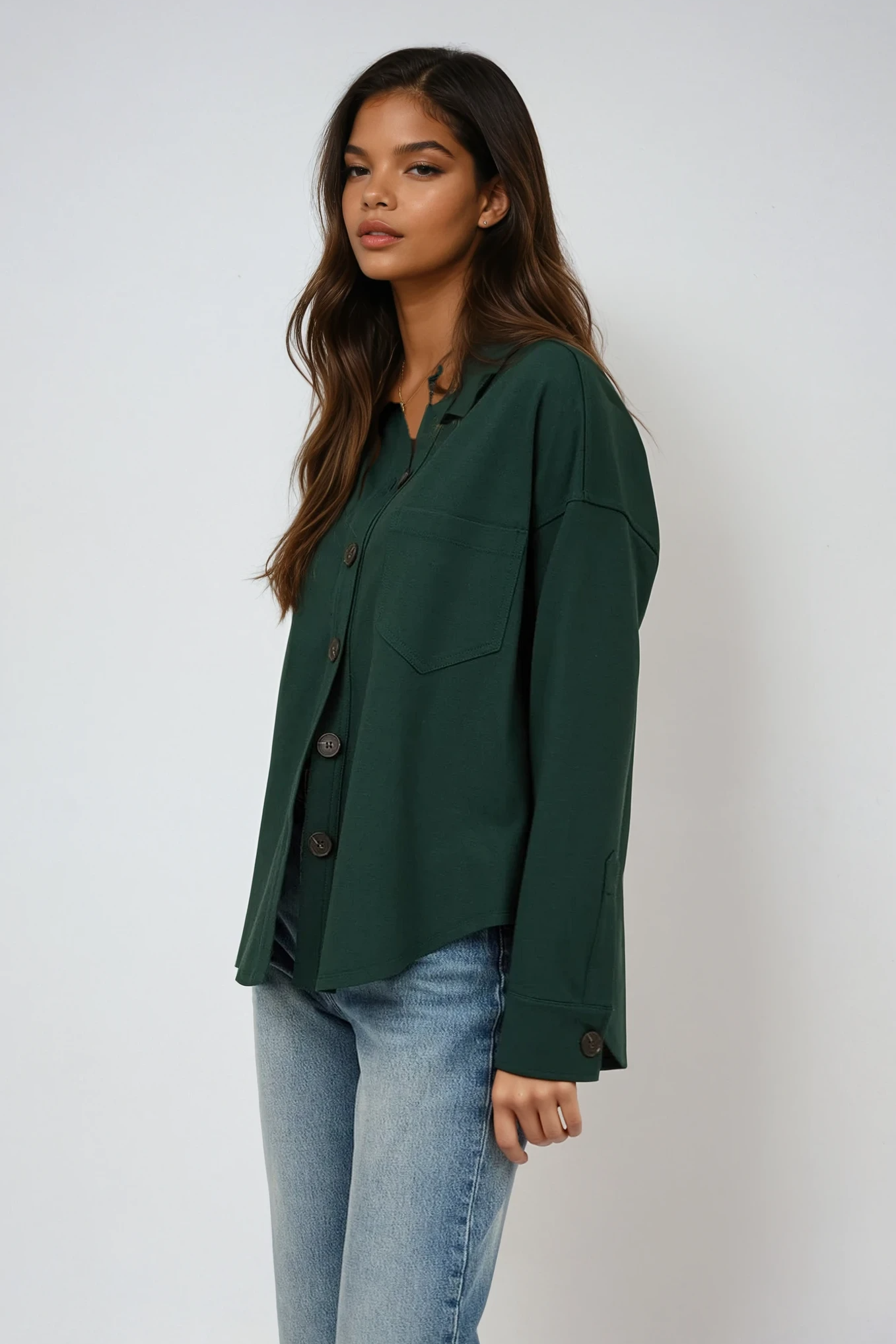 Solid Collared Long Sleeve Shacket Hunter Green