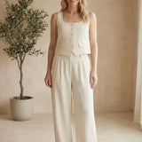 Oatmeal linen trouser pants by in February, casual women's bottoms, lightweight and breathable fabric, front pockets and relaxed fit