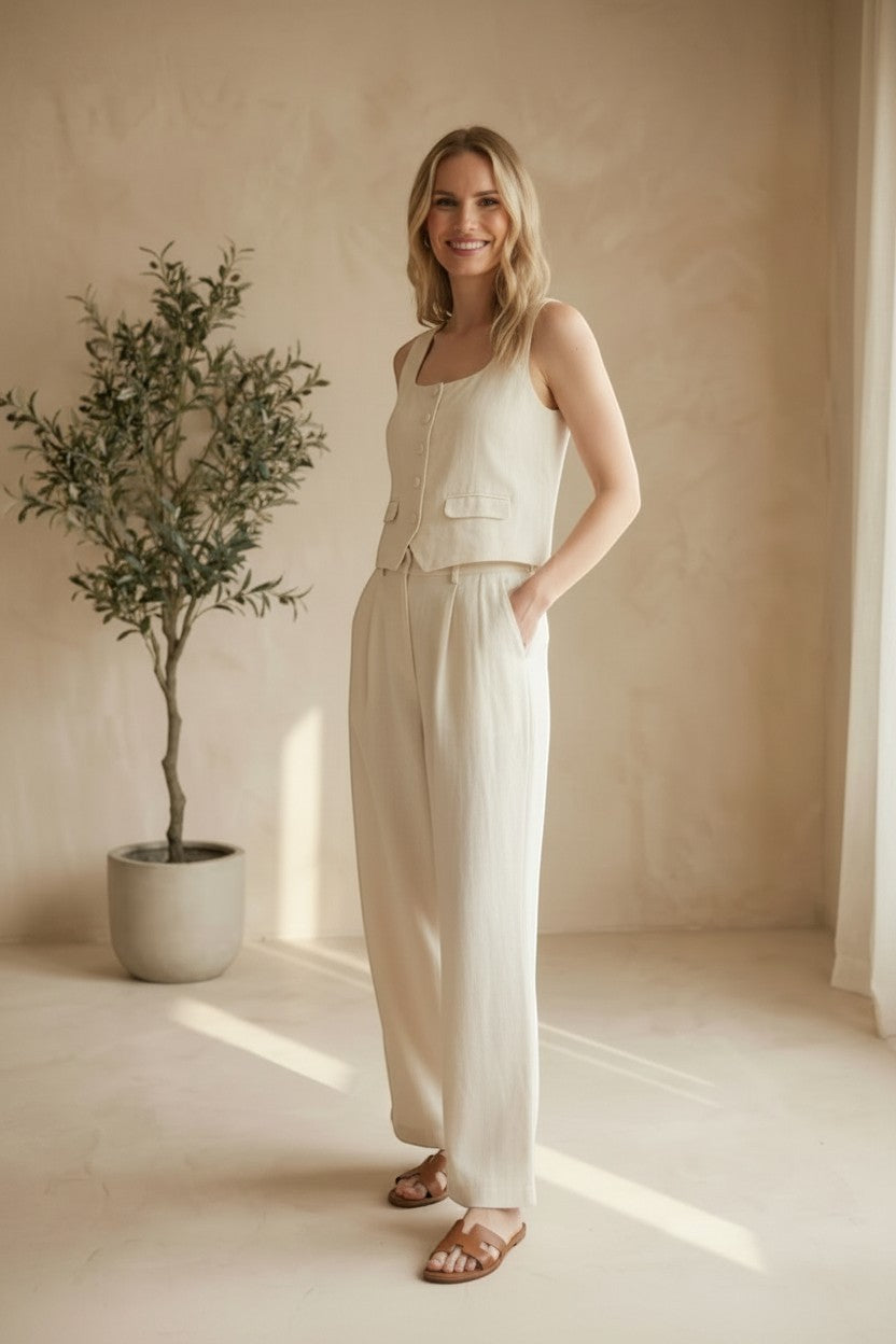 Oatmeal linen trouser pants by in February, casual bottoms with relaxed fit, made from lightweight, breathable linen fabric.