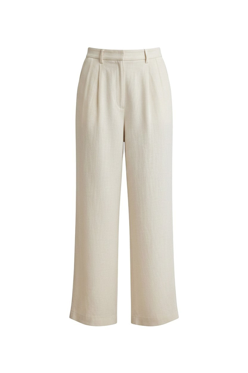 Oatmeal linen trouser pants by in February, casual bottoms for women, soft fabric with a relaxed fit and waistband.