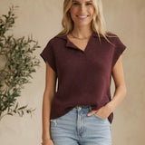 Chocolate sleeveless sweater with a split neck design, from in February's basic tops collection.