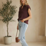 Chocolate in February sleeveless sweater with a split neckline, casual sleeveless top, basic warm knit for stylish layering.