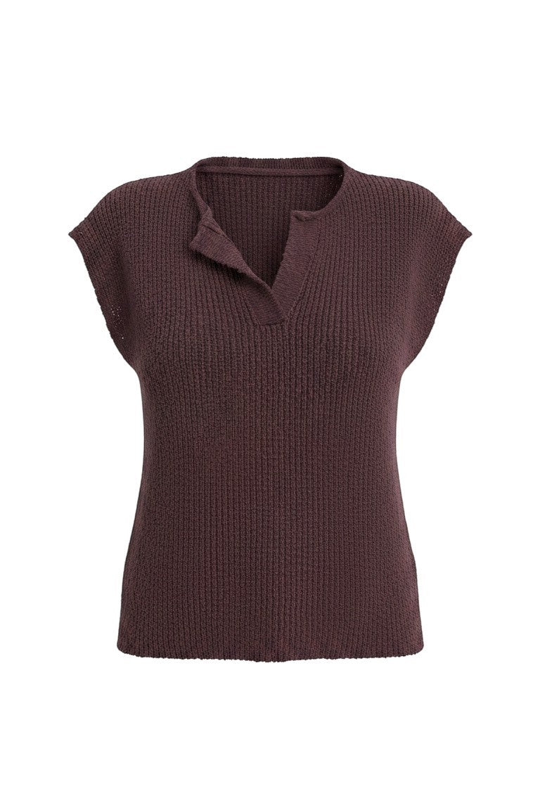 Chocolate sleeveless split neck sweater from in February, casual basic top, soft knit fabric, perfect for layering or warm weather.