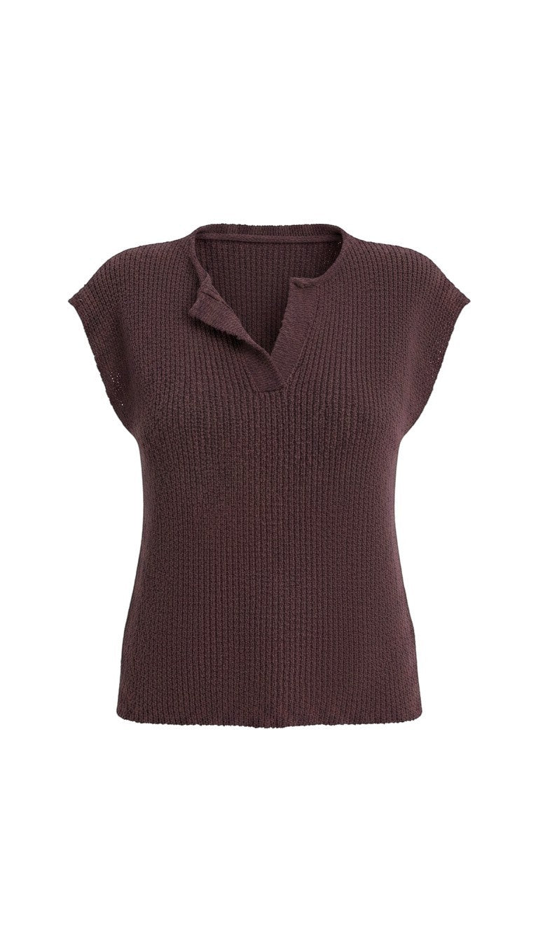 Chocolate sleeveless split neck sweater from in February, casual basic top, soft knit fabric, perfect for layering or warm weather.