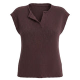 Chocolate sleeveless split neck sweater from in February, casual basic top, soft knit fabric, perfect for layering or warm weather.