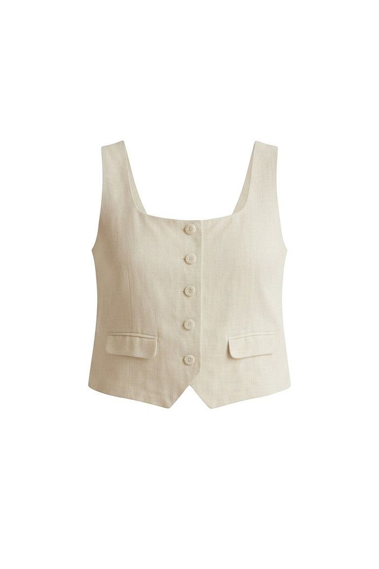 Oatmeal linen button-up top from in February, casual basics top with a collared neckline and button front detail.
