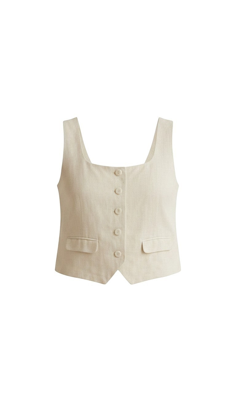 Oatmeal linen button-up top from in February, casual basics top with a collared neckline and button front detail.