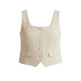 Oatmeal linen button-up top from in February, casual basics top with a collared neckline and button front detail.