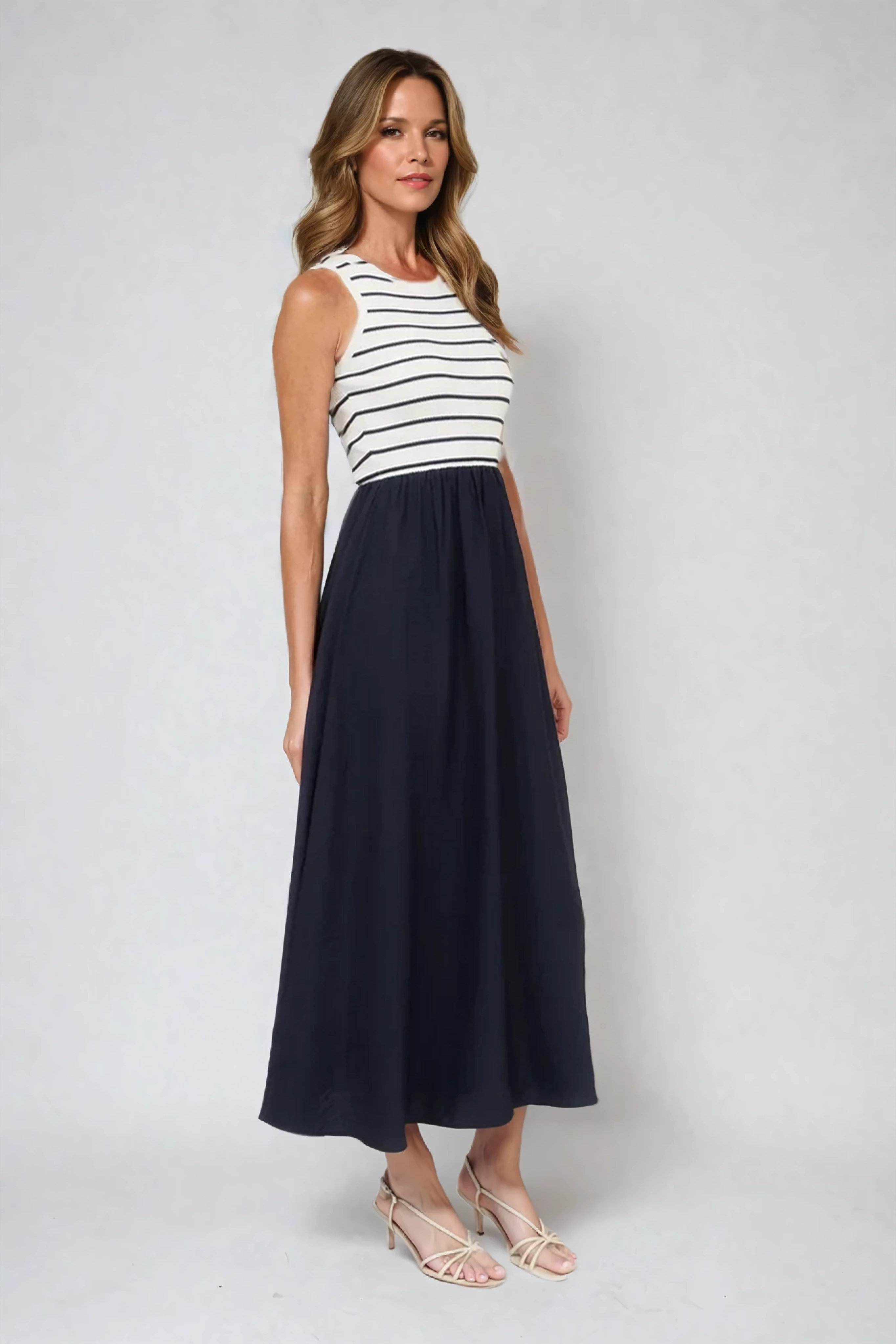 Stripe Tank Mixed Media Midi Dress Ivory