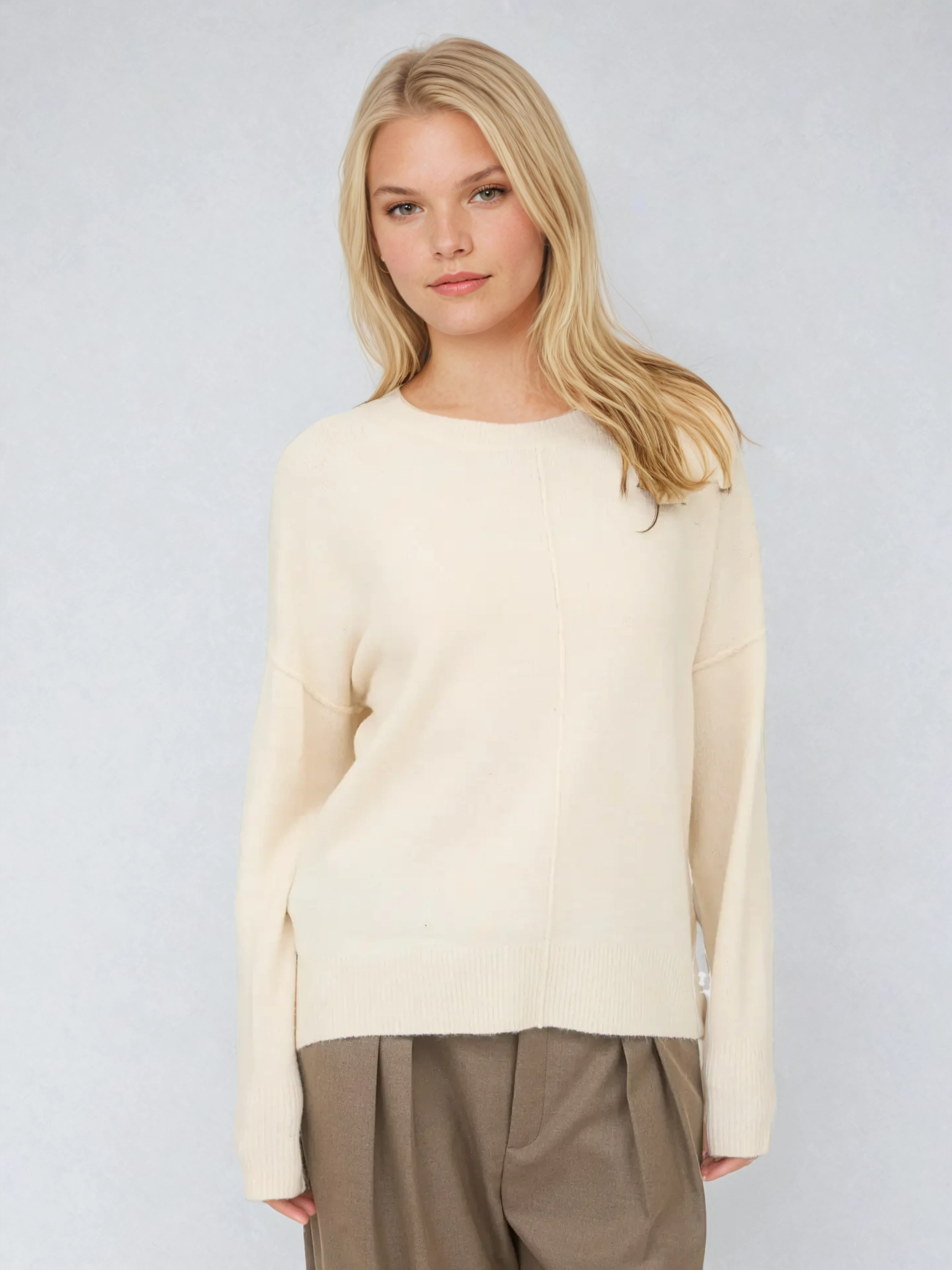 Solid Crewneck Front Seam Knit Sweater Ivory