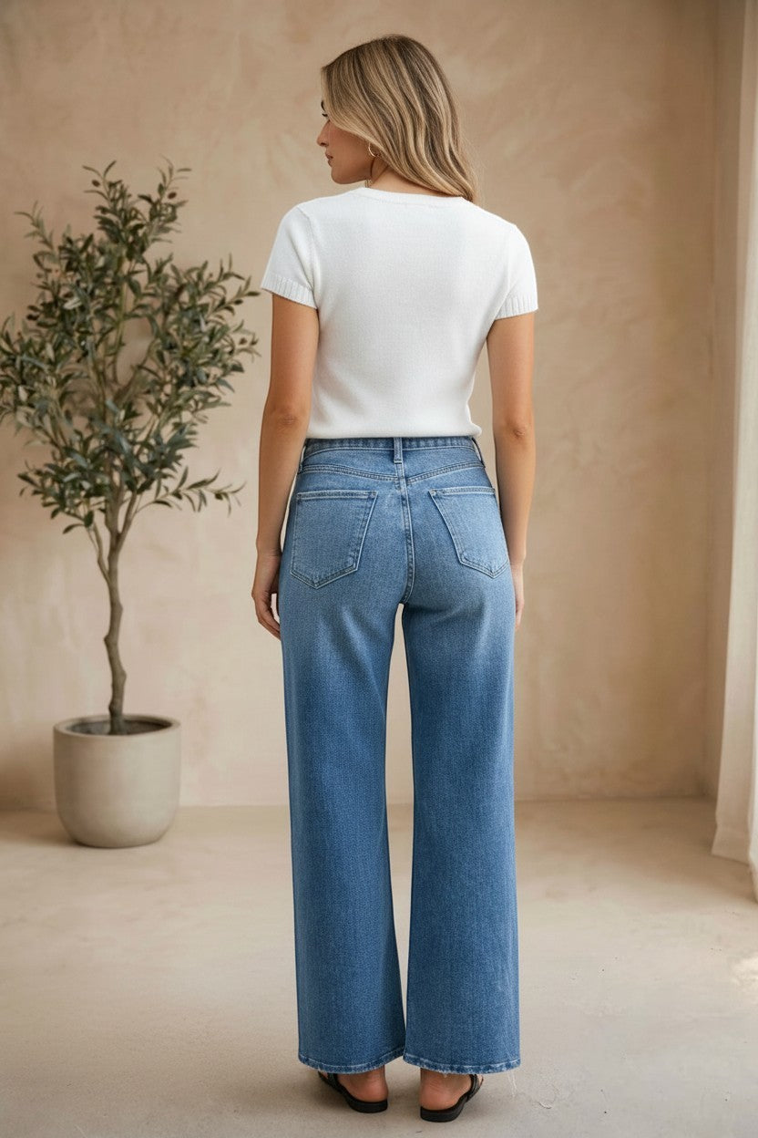 Blue denim Terra Cargo Wide Leg Jeans by JBD, featuring relaxed fit, cargo pockets, and wide-leg style for casual wear.