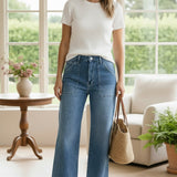 Blue denim Terra Cargo Wide Leg Jeans by JBD, showing the relaxed fit, multiple cargo pockets, and wide-leg style.