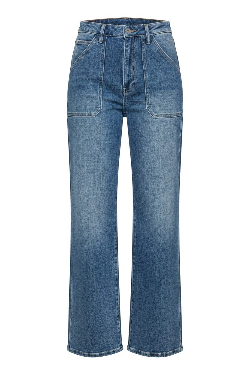 Blue denim Terra Cargo wide-leg jeans by JBD, featuring relaxed fit and large cargo pockets, styled with a casual look.
