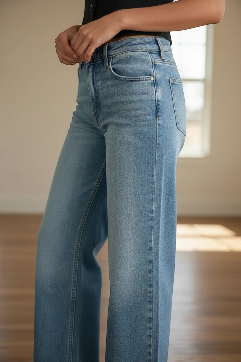 Medium wash JBD high-rise full-length straight jeans, showing the fit and classic style of these denim pants.