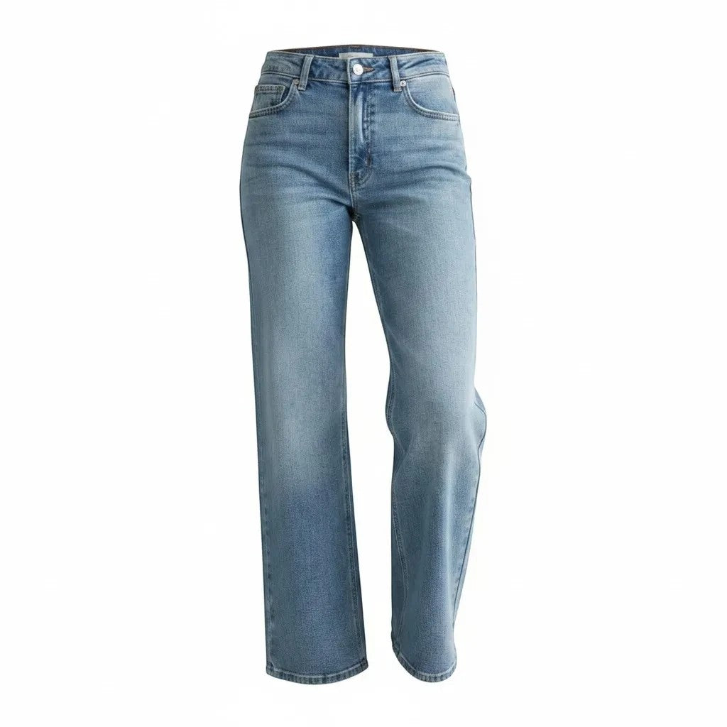 Medium wash JBD high-rise full-length straight jeans, shown on a model, featuring classic denim style and a relaxed fit.