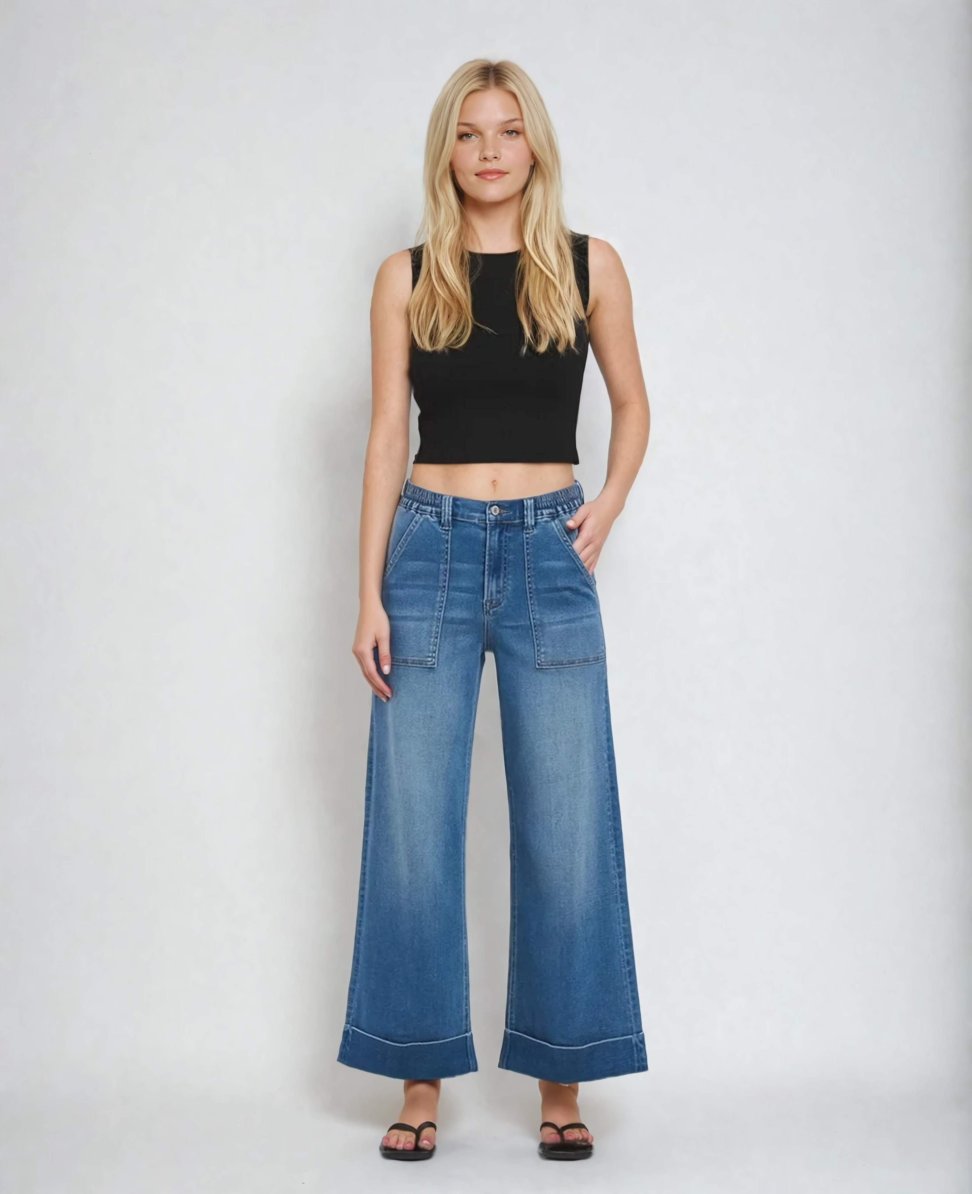 High Rise Super Soft Baggy Cuffed Wide Jeans