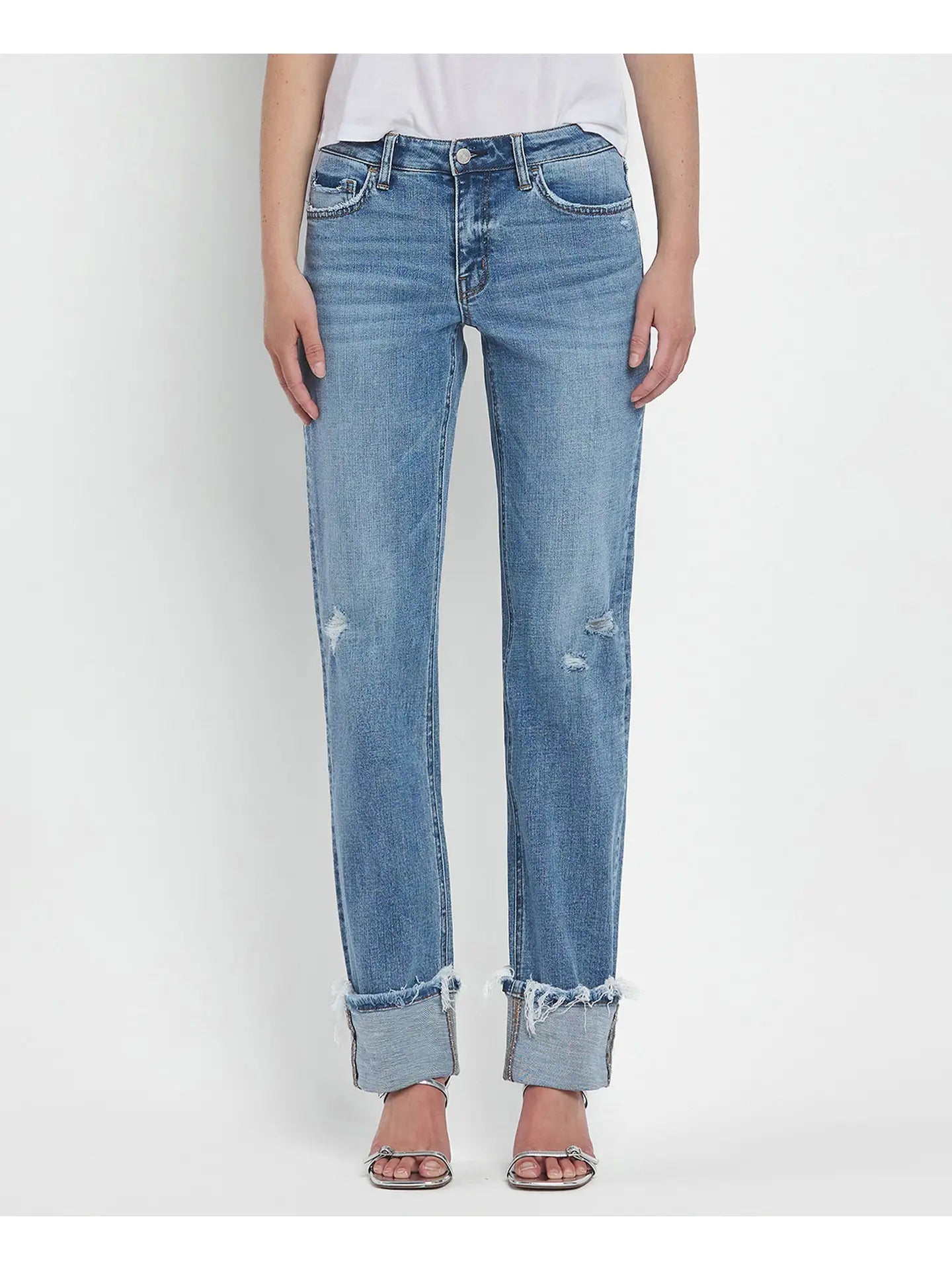 Mid Rise Cuffed Straight Jeans